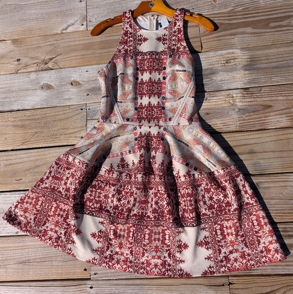 Sleeveless Red Patterned Fit-and-Flare Dress